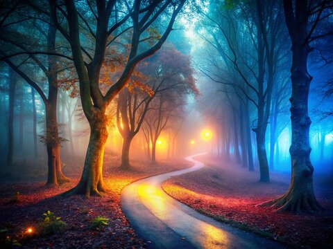 Mystischer Waldweg im Nebel - Geheimnisvoller Lichtpfad durch dichten Nebel
