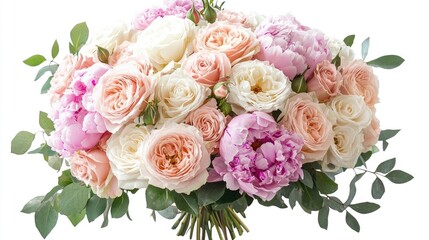 Fototapeta premium Elegant bouquet of roses in pastel shades. Pink, white, and peach roses with green leaves, arranged in a sophisticated, romantic style, soft petals, floral decoration. Generative AI