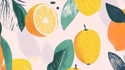 Vibrant lemon pattern with leaves and slices on pastel background.