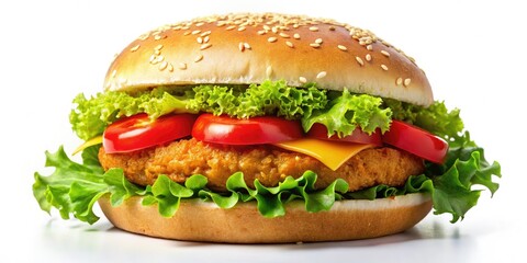 A juicy chicken patty, crisp lettuce, and ripe tomato burst from a surreal burger, stark against a white backdrop.