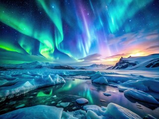 Naklejka premium Arctic winter's frozen beauty, a celestial spectacle: starry night, aurora borealis, bokeh-kissed wonderland.