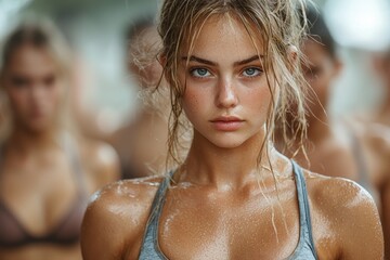 Females punching in a high-energy aerobics class, joining a coed, unisex group to foster a shared lifestyle
