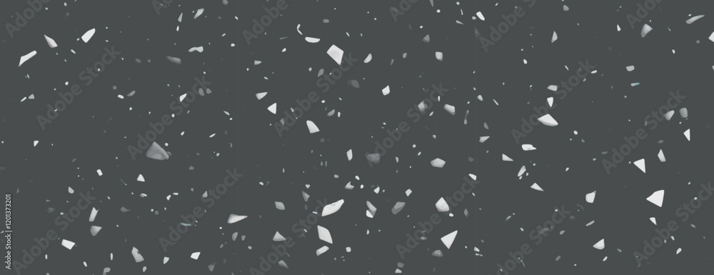 Poster dark gray background with terrazzo style, featuring scattered white fragments. the background is tex