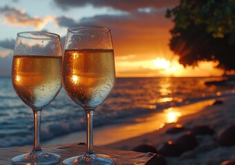 Romantic journey and dining adventure. Wine glasses displayed beside a breathtaking beach sunset