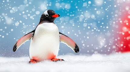 Fototapeta premium Gentoo penguin in snowy landscape arctic wildlife nature photography winter wonderland close-up view