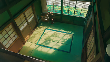 Tranquil Japanese dojo interior with sunlight casting shadows, evoking peace and mindfulness