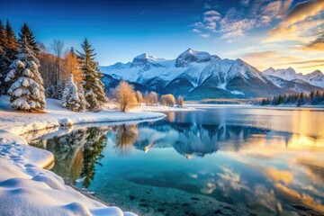 Obraz premium Breathtaking snowy mountains reflect in a frozen lake, a winter wonderland.