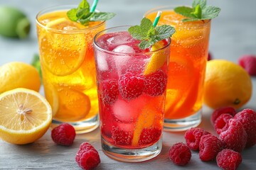 A group of vibrant summer drinks set against a rustic wooden backdrop