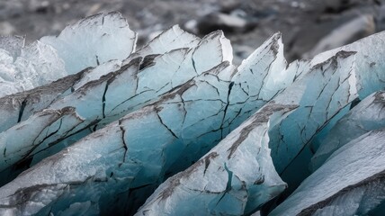 Close-up of stunning blue glacial ice with intricate cracks in a rugged natural setting.