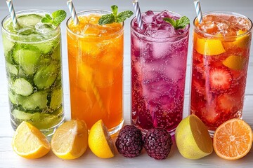 A selection of refreshing, colorful summer drinks positioned in a rustic wooden setting