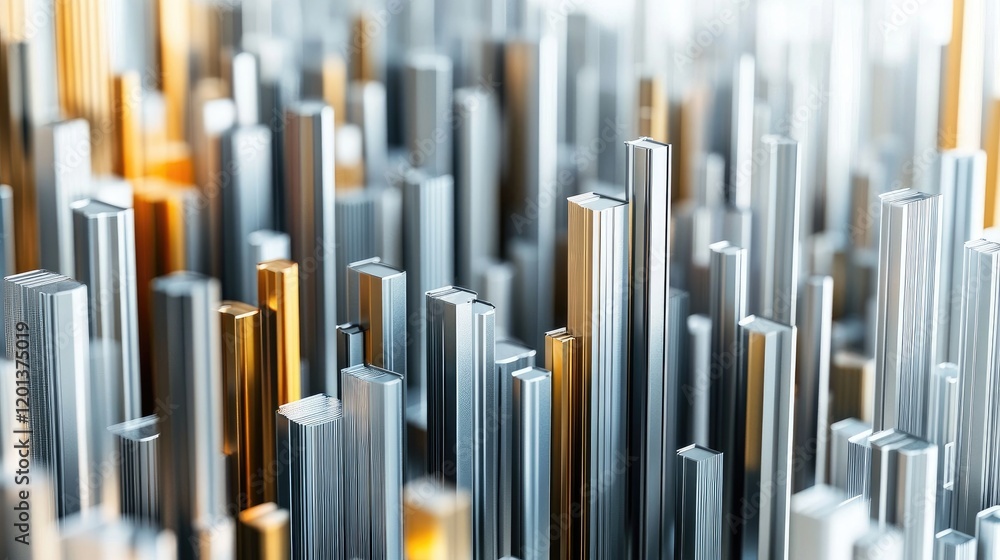 Poster stacked d bar graphs in metallic tones, arranged in a pattern on a white reflective surface, highlig
