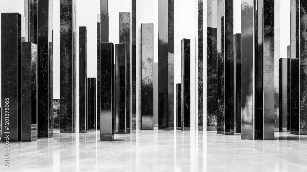 Poster stacked d bar graphs in metallic tones, arranged in a pattern on a white reflective surface, highlig