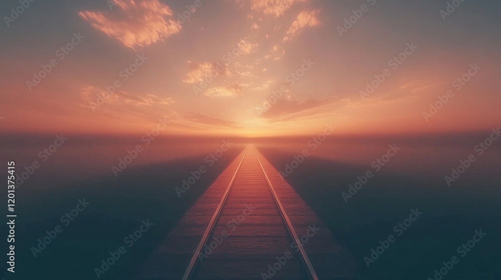 Poster sunset view of railway tracks glowing in golden light, leading into the horizon with soft clouds and