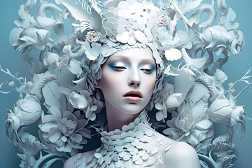 Woman with White Flowers and blue eyeshadow. Generative AI, non-existent person.