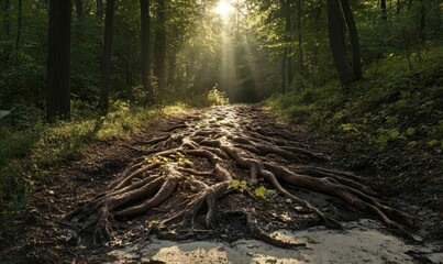 Fototapeta premium Sunlit forest path with exposed tree roots.