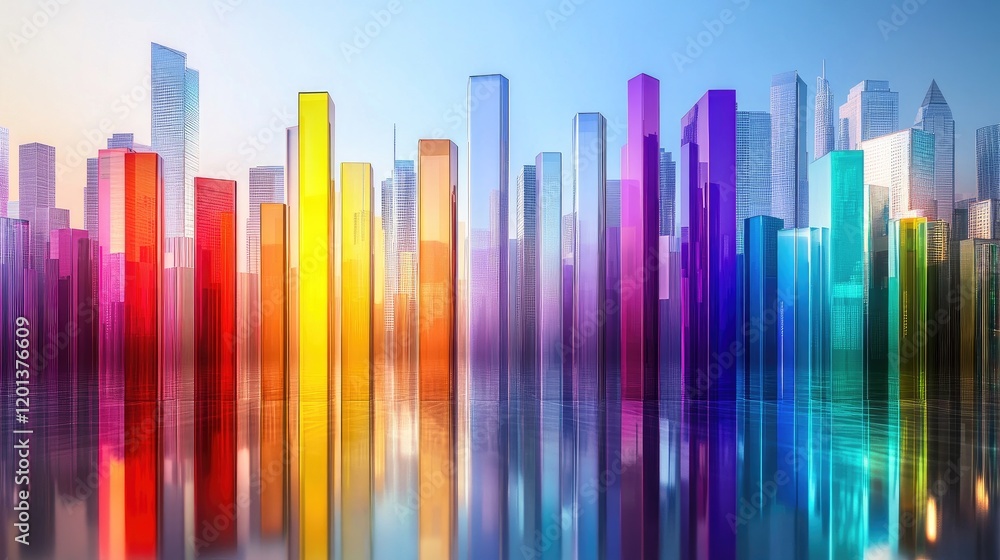Poster various d bar graphs with different colors and heights on a reflective surface, symbolizing statisti