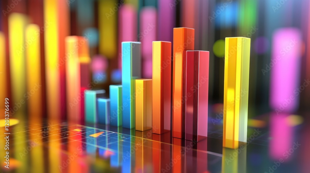 Poster various d bar graphs with different colors and heights on a reflective surface, symbolizing statisti