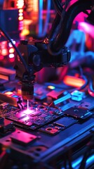Precision Robotic Arm Welding Electronic Chips: Advanced Manufacturing Technology in High-Tech Industry. Innovative Production Process on Blue Background Showcasing Quality, Efficiency, and Cutting-Ed