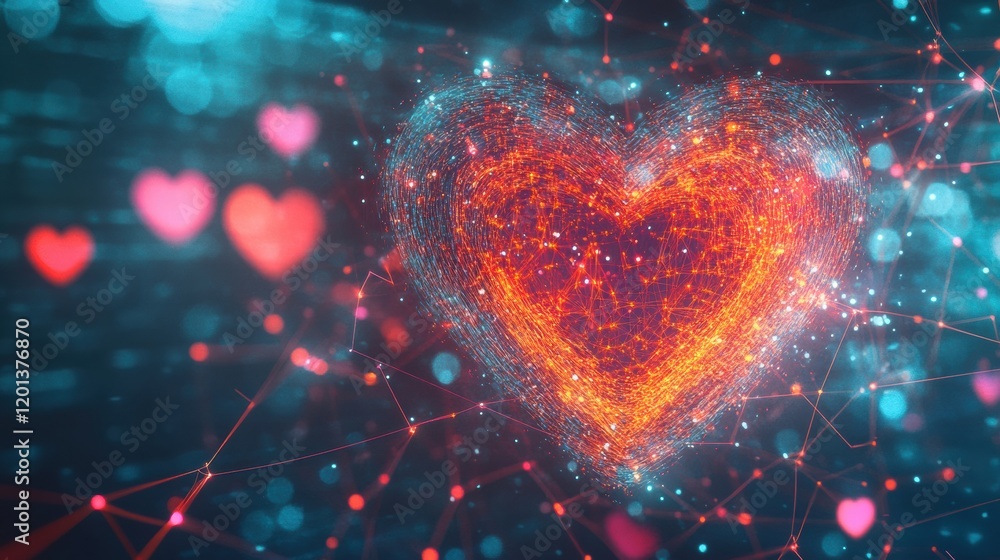 Aufkleber colorful digital heart design with glowing effects and floating hearts in a technological background