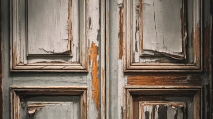 Close-up of an aged, weathered wooden door with peeling paint and rustic textures, showcasing a blend of gray and brown hues.