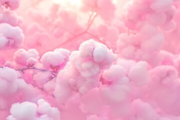 Fototapeta premium Colorful pink fluffy cotton candy background, soft color sweet candyfloss, lovely valentine concept, abstract blurred dessert texture