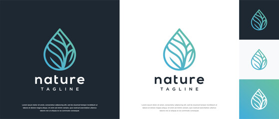 Leaf water drop logo design. Nature leaf water line logo template.