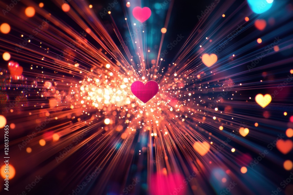 Poster colorful hearts bursting with energy in a mesmerizing display of light and sparkles. generative ai