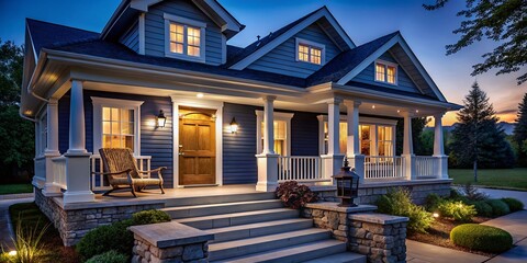 Fototapeta premium Night Photography: Charming Dark Blue House with White Trim, Porch, and Rocking Chair