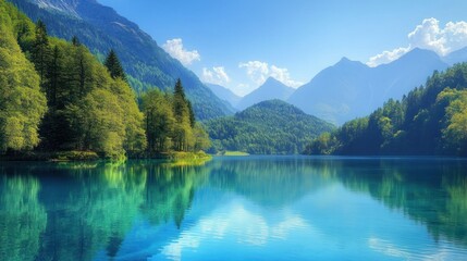 A stunning alpine lake surrounded by lush green trees and majestic mountains under a clear sky