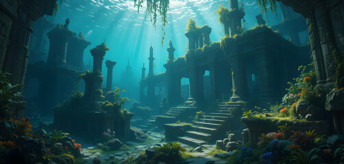 Fototapeta premium Sunken ancient ruins submerged in crystal-clear water with vibrant marine life