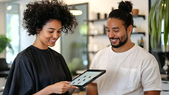 Hairstylist Consulting Client on Makeover with Tablet Displaying Styles
