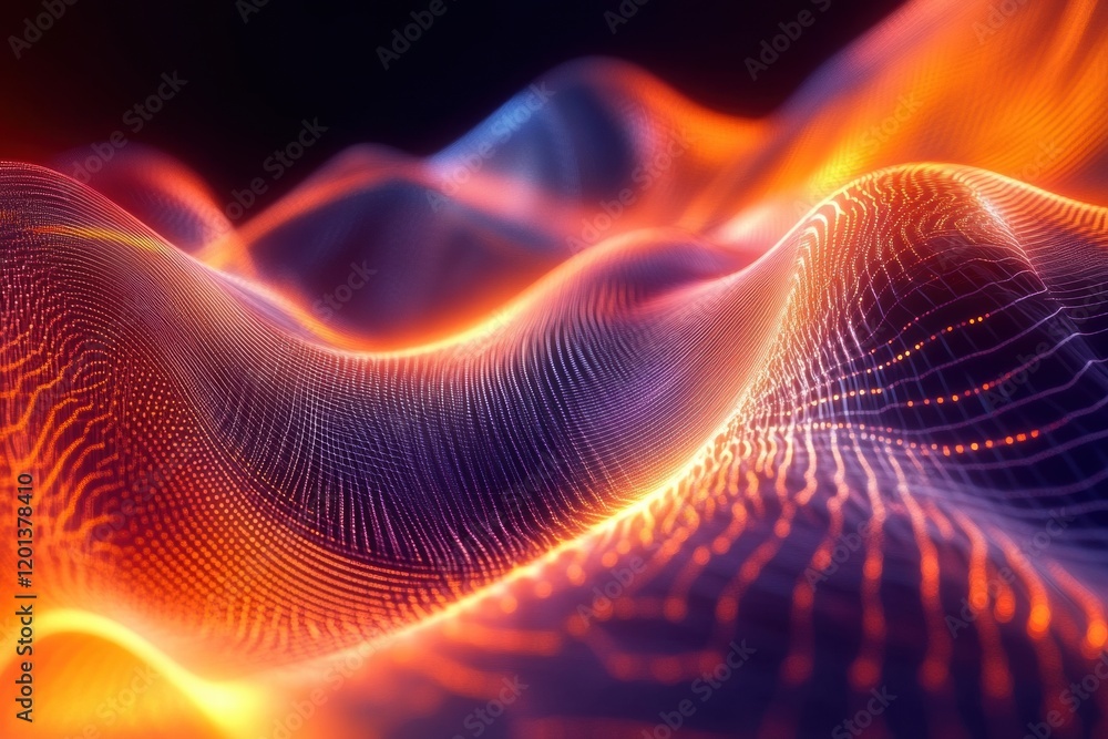 Poster abstract digital waves create vibrant patterns with glowing orange and blue highlights in a surreal 