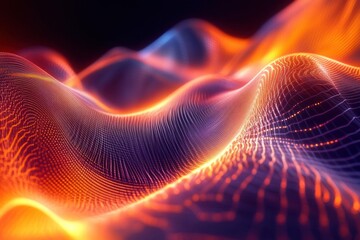 Abstract digital waves create vibrant patterns with glowing orange and blue highlights in a surreal composition. Generative AI