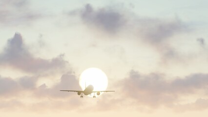 ULTRA HD. Airplane flies in sunset sky. Travel. Airplane takes off against the background of sunset sky.	
