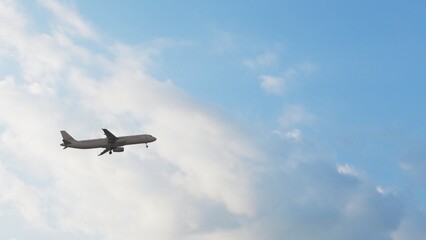 ULTRA HD. Airplane flies in blue sky. Travel, tourism. Airplane takes off against the background of blue sky.  