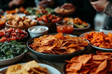 Obraz premium During dinner conversation, people pass food-filled plates in a trendy modern cafe or restaurant