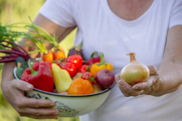Woman holding bowl of fresh vegetables, harvesting in garden