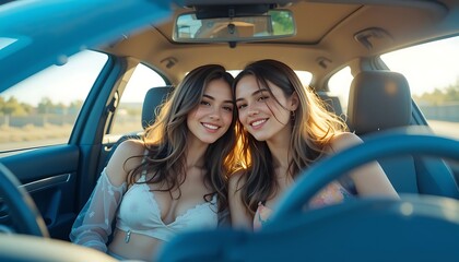 Two beautiful smiling twin sisters enjoying a summer road trip in their car, happy and carefree.