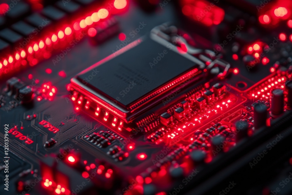 Poster microchip circuit board glowing with bright red lights in a dark environment