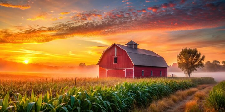 Enchanting misty sunrise paints a red barn, golden cornfield dawn.