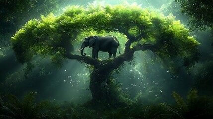 Elephant in jungle tree, misty forest background, nature scene, conservation poster