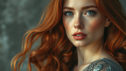 Obraz premium Elegant Portrait of a Freckled Red-Haired Woman