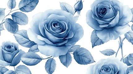 Blue watercolor roses, including flowers, twigs, leaves, and buds -