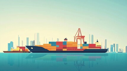 Fototapeta premium Large Container Ship Docked at Harbor with Colorful Cargo Boxes Against City Skyline in Calm Waters, Symbolizing Global Trade and Transportation