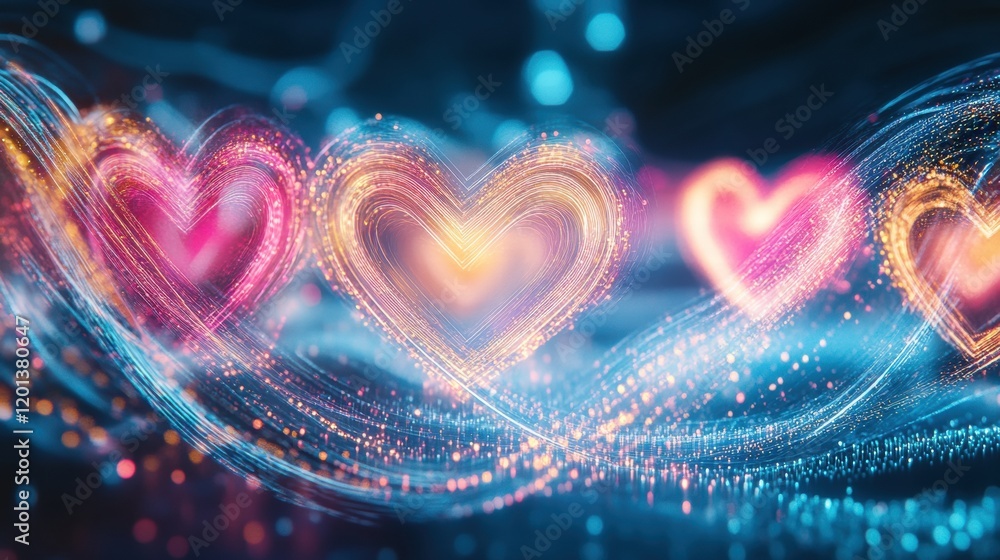 Poster colorful hearts illuminated with vibrant light effects creating a glowing display in dark background