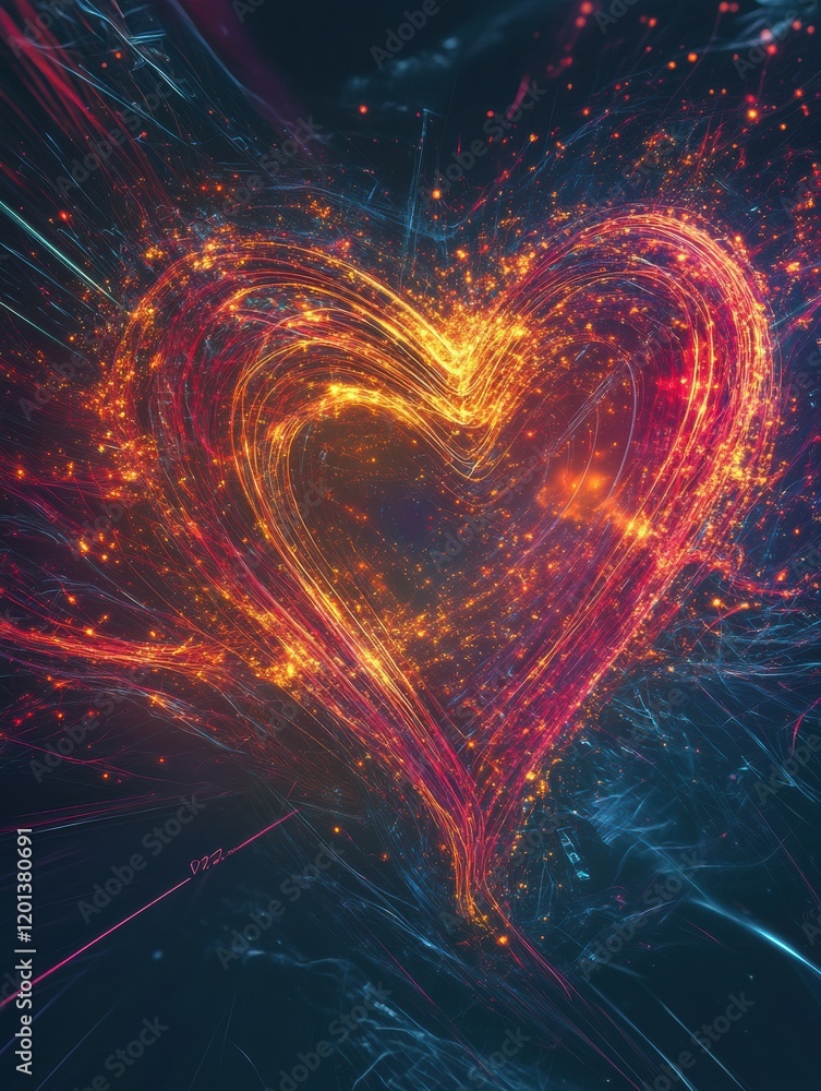Poster vibrant heart shape illuminated by glowing sparks and swirls in an abstract setting. generative ai