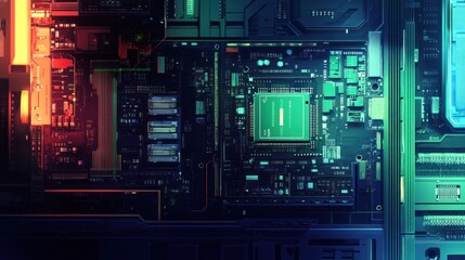 Close-up of a vibrant, colorful circuit board with a central processor.