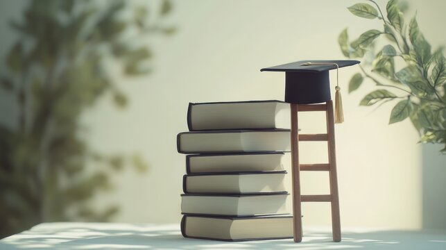 Graduation cap on small ladder atop stacked books.