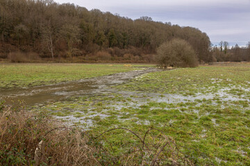 Normandy, France, Europe : Exterior photo view water floods due to climate change in fields...