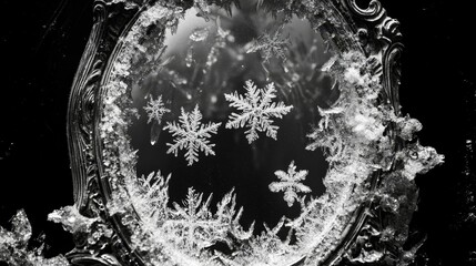 Obraz premium Snowflakes and frost on an ornate, circular mirror.